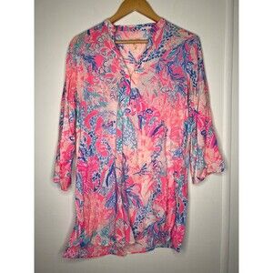 Lilly Pilitzer Esme Swim Cover Women's XS Pink Aquadesiac 3/4 Sleeve Beach Flowy